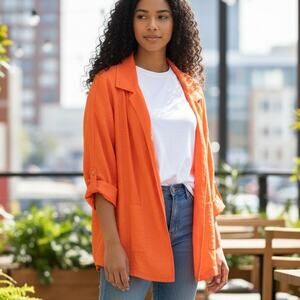 Peter Nygard Orange Linen Cotton Blazer Jacket Sz XL Pockets Open Front